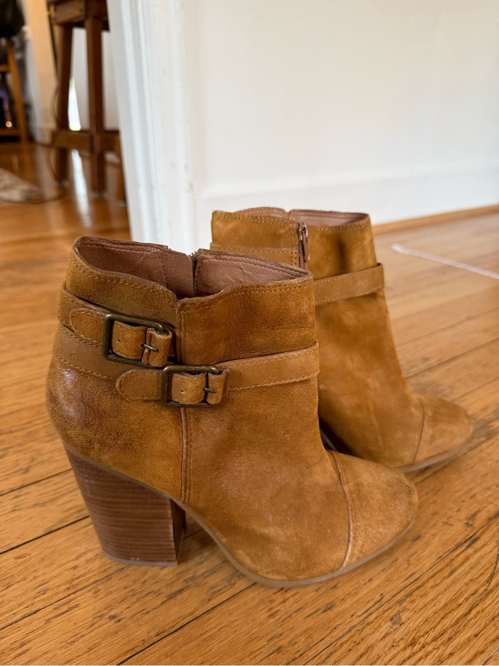 Lucky Brand Cognac Suede Buckle Ankle Boots